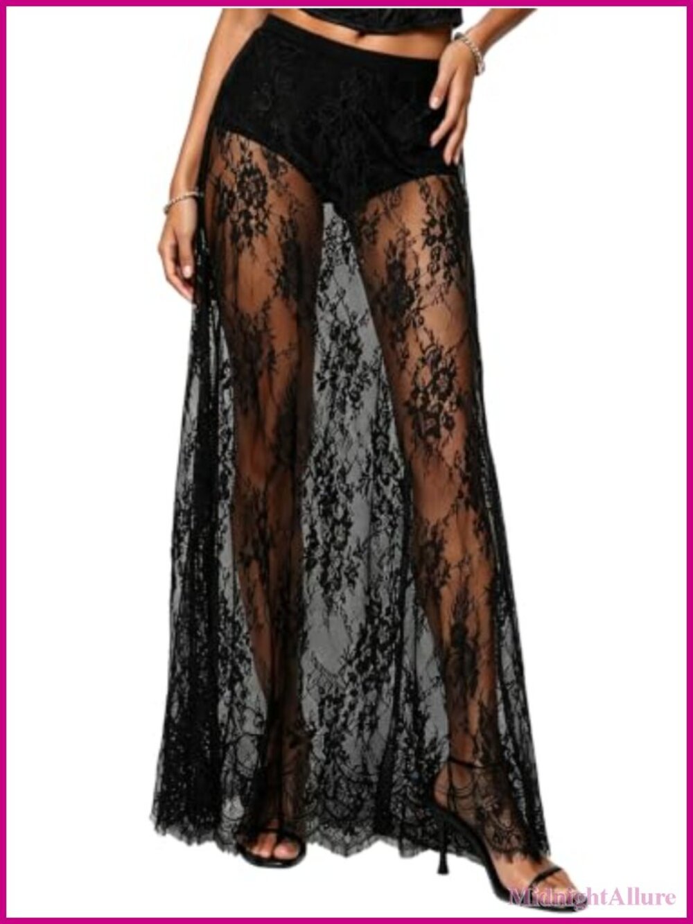 Sheer Lace Maxi Skirt High Rise Full Skirt See Through Cover Up
